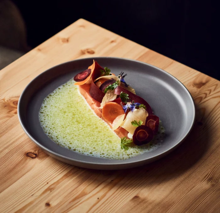 Plate with salmon slice, pickled vegetables, and foam